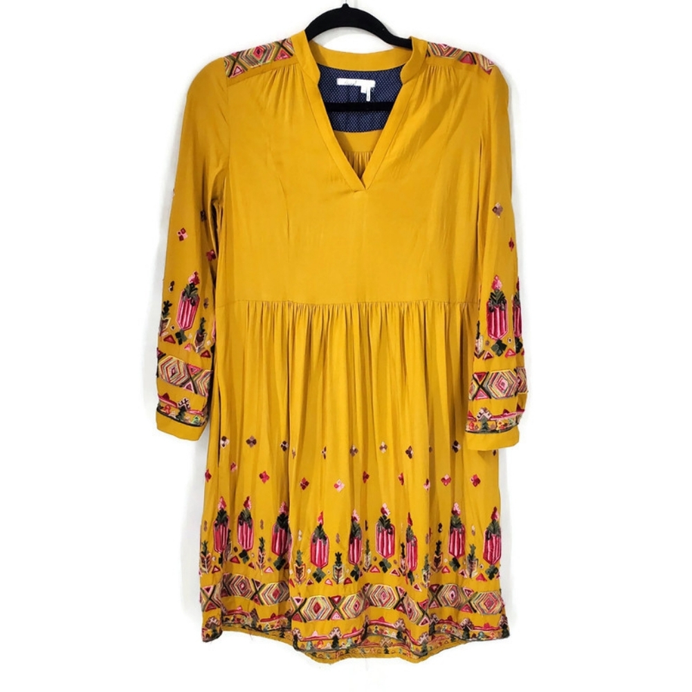 Anthropologie Floreat Raella Gold Mustard Embroidered Tunic Dress size small - Picture 6 of 14